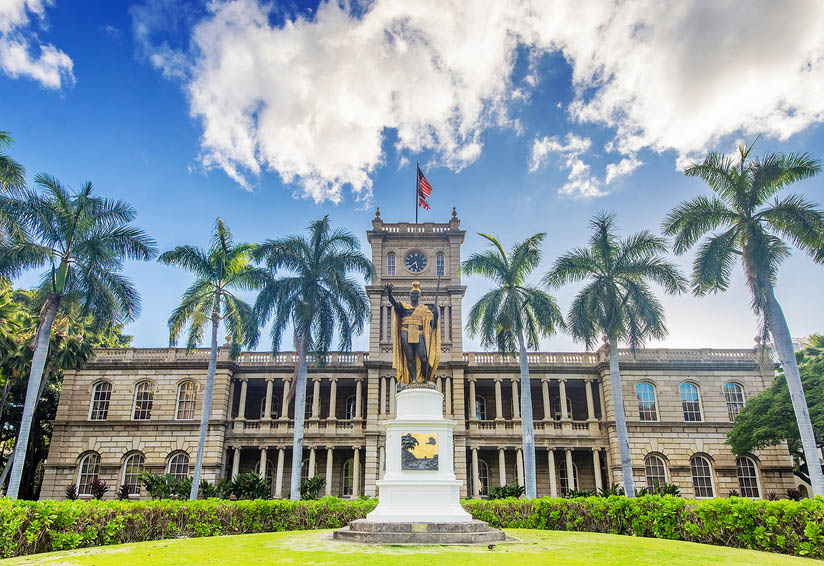 King Kamehameha Statue across from Iolani Palace in historic downtown Honolulu