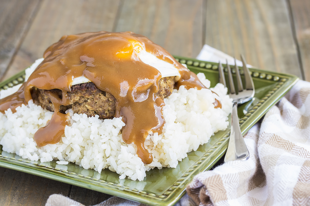 Loco Moco, a traditional Hawaiian dish of teriyaki flavored ground beef patty and a fried egg on a bed of rice, smothered in gravy